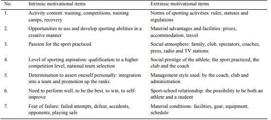 Intrinsic and extrinsic motivational items (compiled from the previously presented models by Bologa & Gherghișan, 1994, Mihăilescu & Șerban, 2005) 